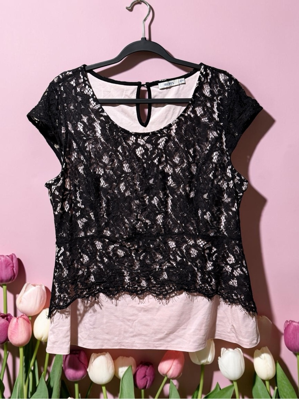 Ricki's Black Lace Overlay Pink Cap Sleeve Top with Peplum